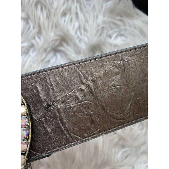 Women’s Leather belt metallic gray silver big buckle gems sparkle chunky - Picture 4 of 7